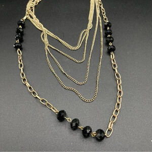 Elegant Antique Gold Jet Black Glass Beaded 6-strand Layering Necklace 16”